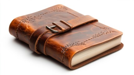 Handcrafted leather journal with embossed floral design and strap buckle closure on isolated white background. Generative AI