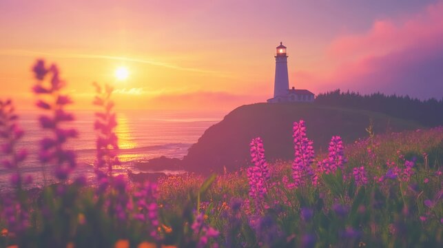 Scenic view of a lighthouse surrounded by wildflowers on a coastal hilltop, overlooking a calm sea under soft sunlight, peaceful and inviting