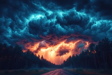 Fototapeta premium A dramatic sky filled with dark storm clouds, lightning bolts flashing in the distance, as the wind bends the trees. Generative AI