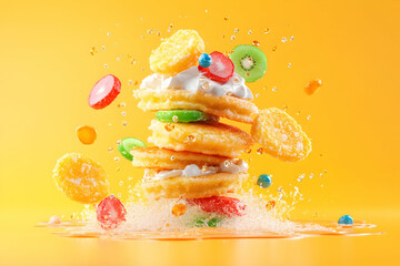 Pancakes stacked, topped with fruit, syrup, and cream on bright yellow background