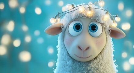 Festive sheep with fairy lights, winter wonderland background