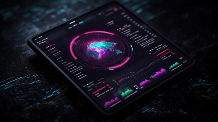 Tablet displaying global data analytics and statistics.