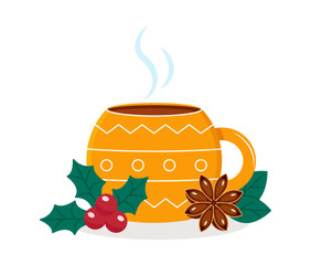 Cup of hot tea. Yellow mug with abstract design. Ceramic tableware. Cute design for print. Vector illustration 