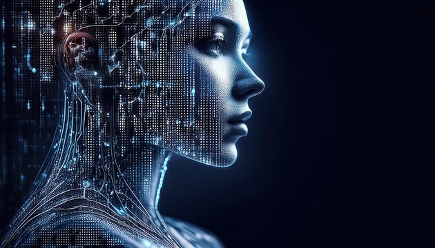 Profilo viso di donna con connessioni neurali, rappresentazione futuristica di un'intelligenza artificiale. Spazio vuoto sfondo scuro a destra