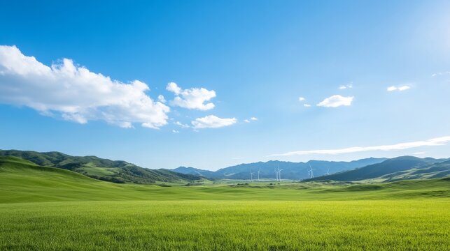 Wide open field under a vibrant sky with wind turbines on the horizon