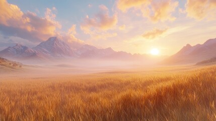 Obraz premium Golden sunset over misty field and snow-capped mountains.