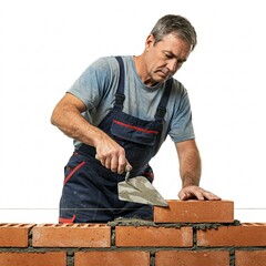 A bricklayer laying bricks on a white background