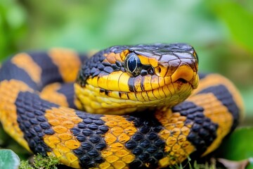 Obraz premium Mangrove snake resting on moss in lush green vegetation