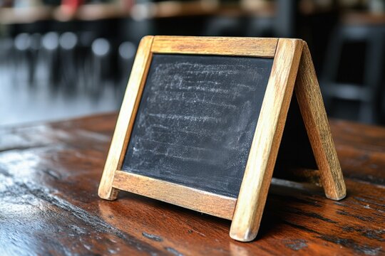 A rustic wooden chalkboard sign on a table in a cozy cafe, featuring a blank slate for daily specials or messages in an inviting atmosphere.