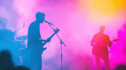 Musicians performing live on stage at an outdoor concert for International Music Day, vibrant instruments and dynamic lighting creating an energetic scene