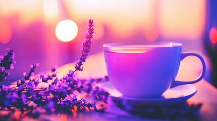 Fototapeta premium White cup filled with herbal tea placed on a wooden table surrounded by lavender sprigs, soft natural light, minimalistic style,