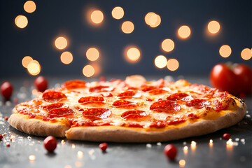 Pepperoni pizza, festive lights, dark background