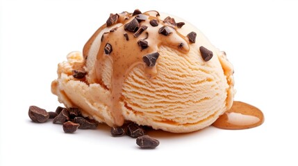 A scoop of caramelized hazelnut ice cream topped with cocoa nibs isolated on a white background. Generative AI