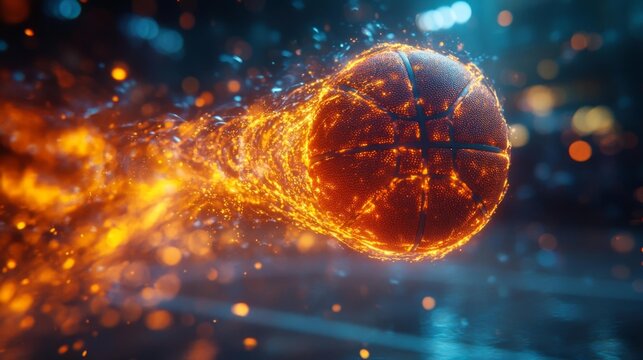 Dynamic basketball shot with fiery motion trails and glowing ball. Generative AI