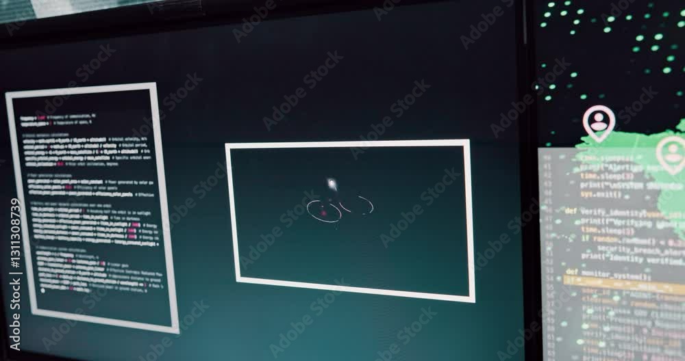 Poster cctv. monitor and surveillance with tracking equipment in control room for investigation or security