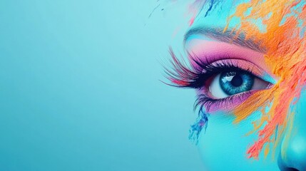 Bright and colorful female eye makeup showcasing trendy art techniques with vibrant shadows and false eyelashes against a clean background