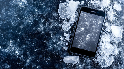 Phone rests on cracked ice, frozen lake background. Cold, harsh weather scene