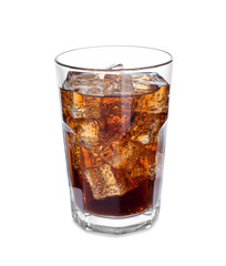Sweet soda water with ice cubes in glass isolated on white