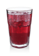 Sweet soda water with ice cubes in glass isolated on white