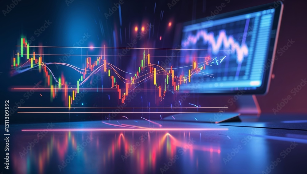 Poster visual representation of stock market trends with colorful graphs and data analysis on a computer sc