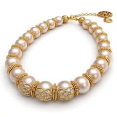 Obraz premium Elegant pearl necklace with gold accents and sparkling details on a white background