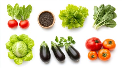 Fresh organic vegetables and seeds isolated on white background. Generative AI