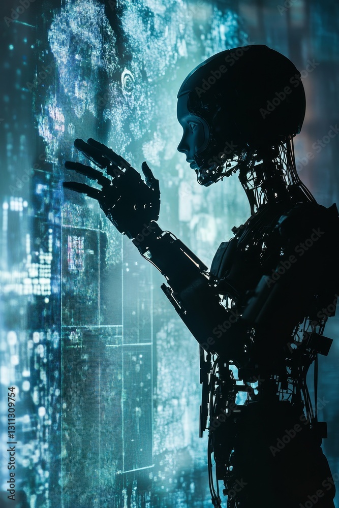 Poster futuristic robot engages with digital interface in an advanced technological setting