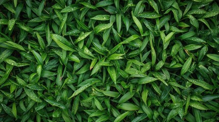 Fototapeta premium Green leafy plants covered in tiny water droplets are shown