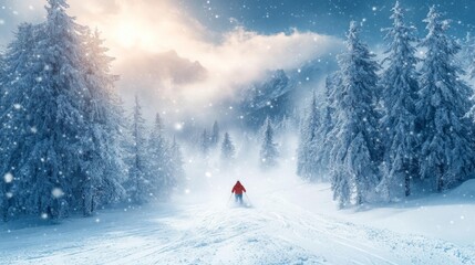 Winter Wonderland with Lone Skier Under Snowy Sunset. Generative AI
