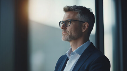 Fototapeta premium Successful male entrepreneur thinks standing in office, confident business man looking out window