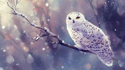 Snowy owl perched on a branch in a winter wonderland.