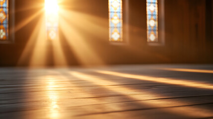 Sunlight pouring through stained glass windows illuminates the wooden floor, creating a warm and peaceful spiritual ambiance. Selective focus