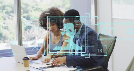 Business colleagues discussing work with digital data processing animation overlay - Powered by Adobe