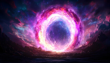 Obraz premium Portal shimmers above a barren landscape beneath a dramatic, colorful nebula