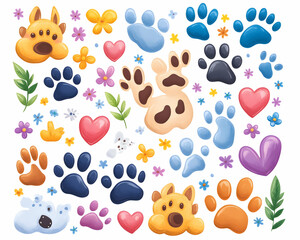 Fototapeta premium Puppy paw prints, flowers, hearts scattered, isolated on white backdrop