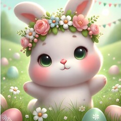 Fototapeta premium A high-resolution, adorable, cartoonish image of a playful bunny with plump cheeks and expressive eyes, wearing a delicate flower crown.