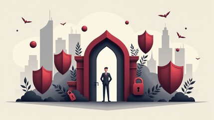 A stock illustration representing Unity in gray and maroon, with sharp contrasts, shields, and locked gates, creating a sense of spatial complexity and visual hierarchy.