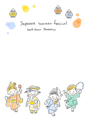 Fototapeta premium 日本の夏祭りを楽しむこども達 手描き風のかわいい線画イラスト