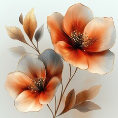 Abstract watercolor terracotta and gold flowers, Copper flowers, Isolated on white background