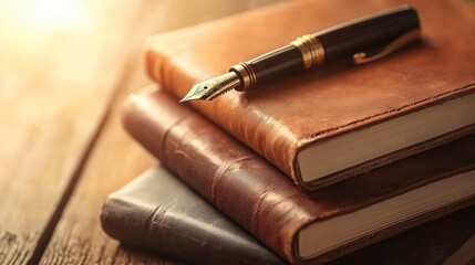 Leather journals and fountain pen on wooden table.