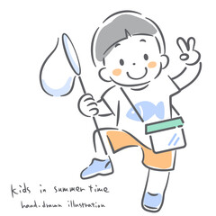 夏を楽しむこども達　手描き風のかわいい線画イラスト