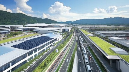 Fototapeta premium Expansive city panorama view with mountain backdrop, showing structures and green spaces