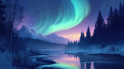 Fantasy landscape with aurora borealis in the night sky	
