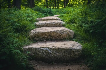 Obraz premium Stone steps lead through a lush forest. Perfect for concepts of journey, nature, or growth.