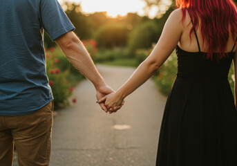 A young couple walks hand-in-hand down a sunlit path in a romantic garden setting.