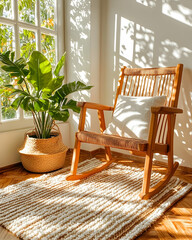 Obraz premium Rocking chair by window with plant in room, sunlit wall