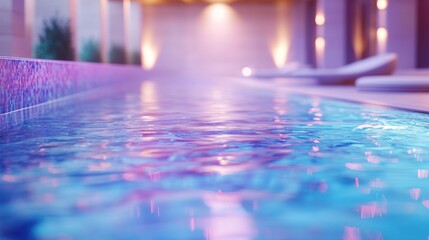 Indoor pool with clear water, ambient lighting, relaxation scene for resorts, spas, vacations, and wellness programs
