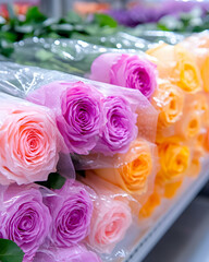 Obraz premium Roses arranged on shelves, wrapped in plastic. Indoor blurred background