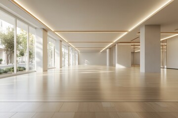 Fototapeta premium Spacious, sunlit minimalist office interior. Ideal for showcasing real estate, architecture, or design concepts.