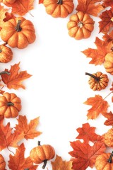 A decorative border of pumpkins and leaves placed on a white background